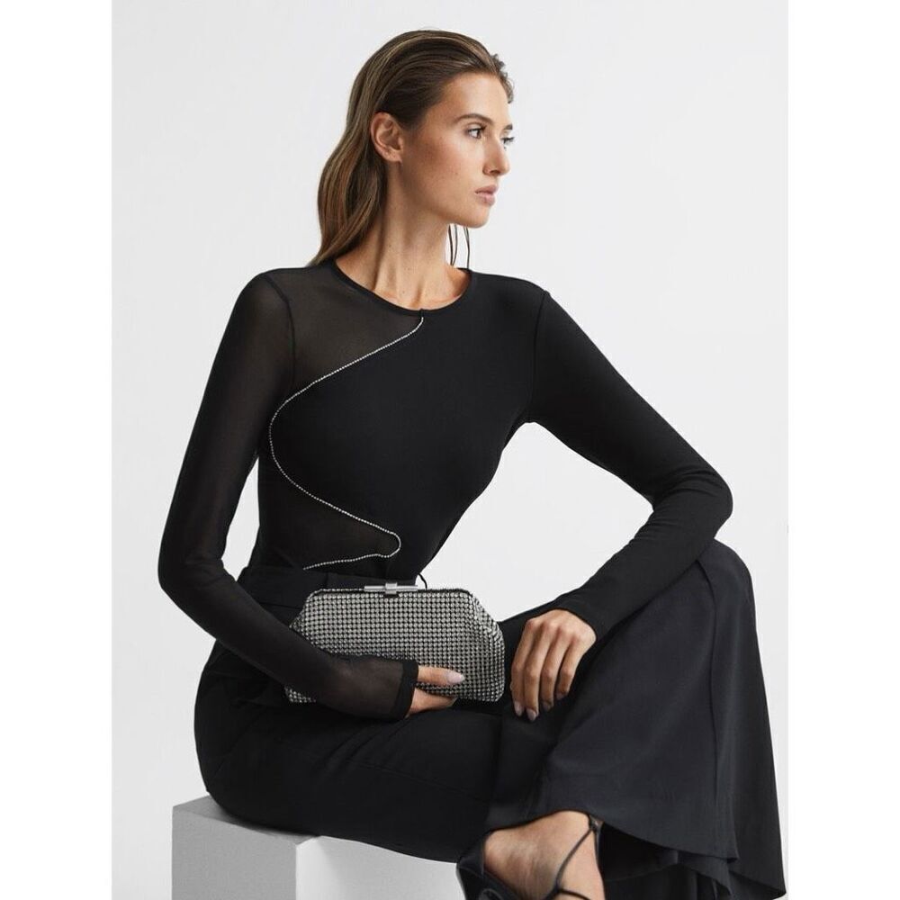 REISS Felicity Mesh Diamanté Detail Bodysuit